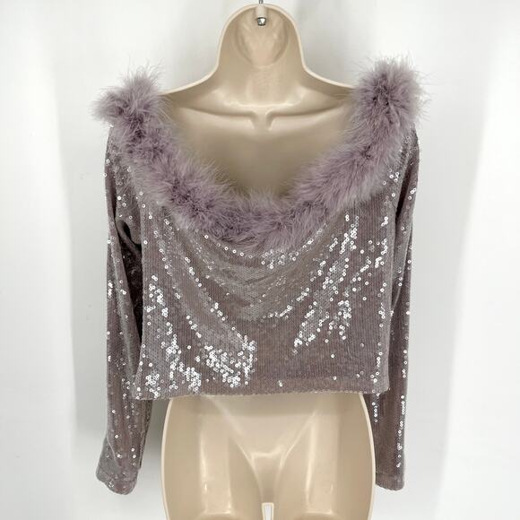 Forever 21 Faux Fur Trim Off Shoulder Sequin Crop Top Sz 3X Lavender Stretch - Picture 7 of 14